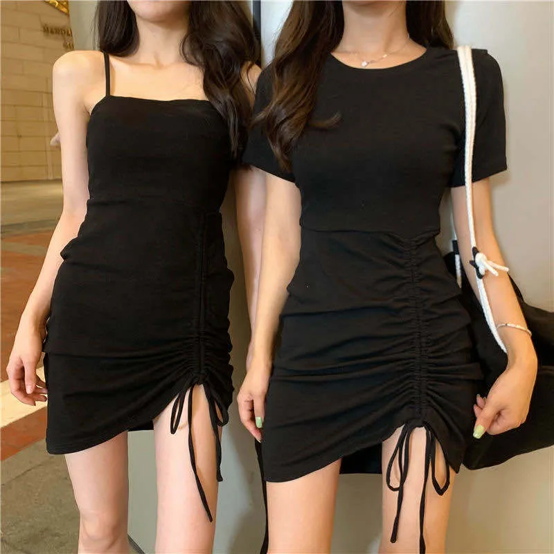 Sexy Strap Elegant Girlfriends Short Sleeve Dress Women Summer Drawstring Slim Look Hip Flattering Dress