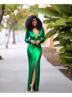 Sexy V Neck Split Hem Green Long Dress