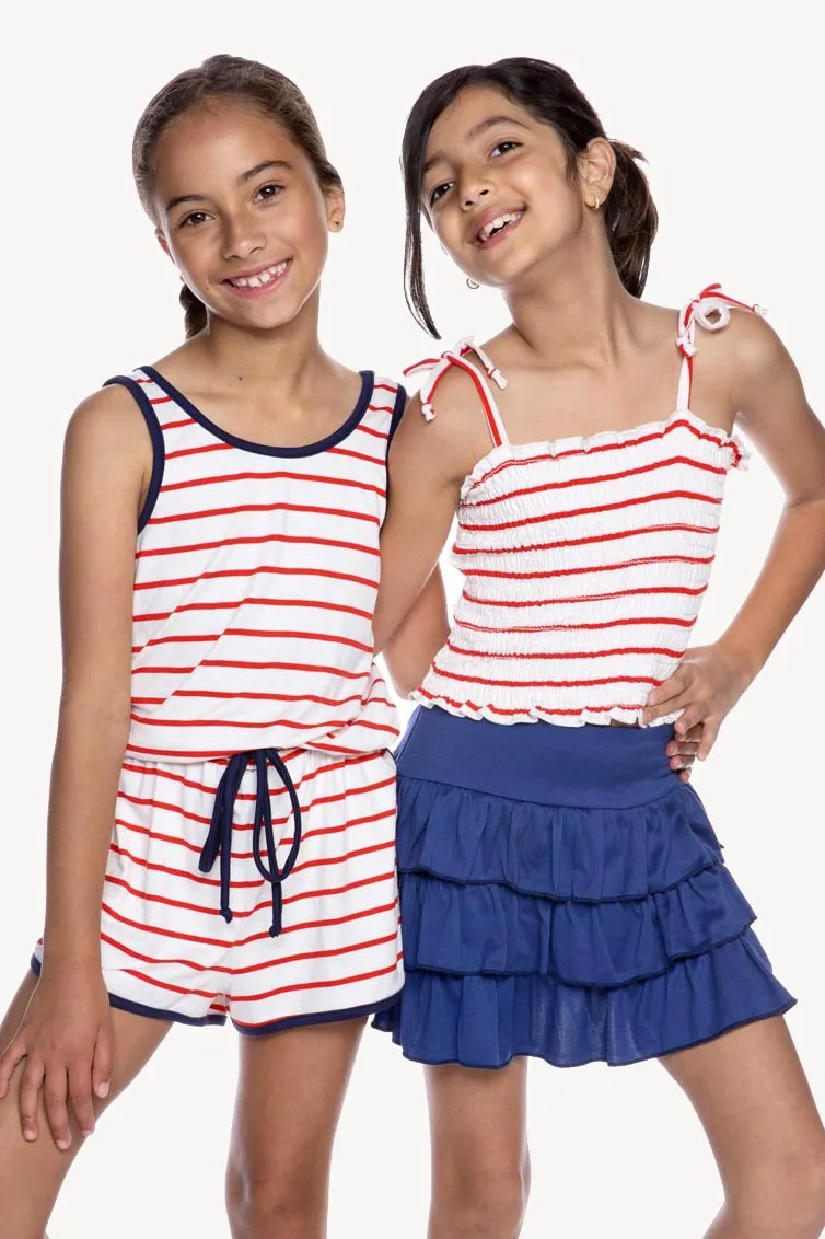 Simply Soft Strappy Smocked Top - Red Ivory Stripes