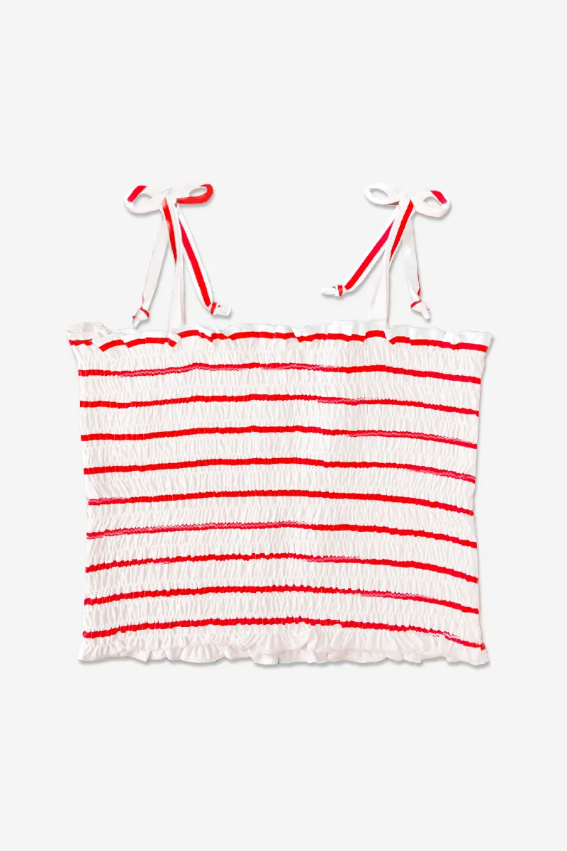 Simply Soft Strappy Smocked Top - Red Ivory Stripes