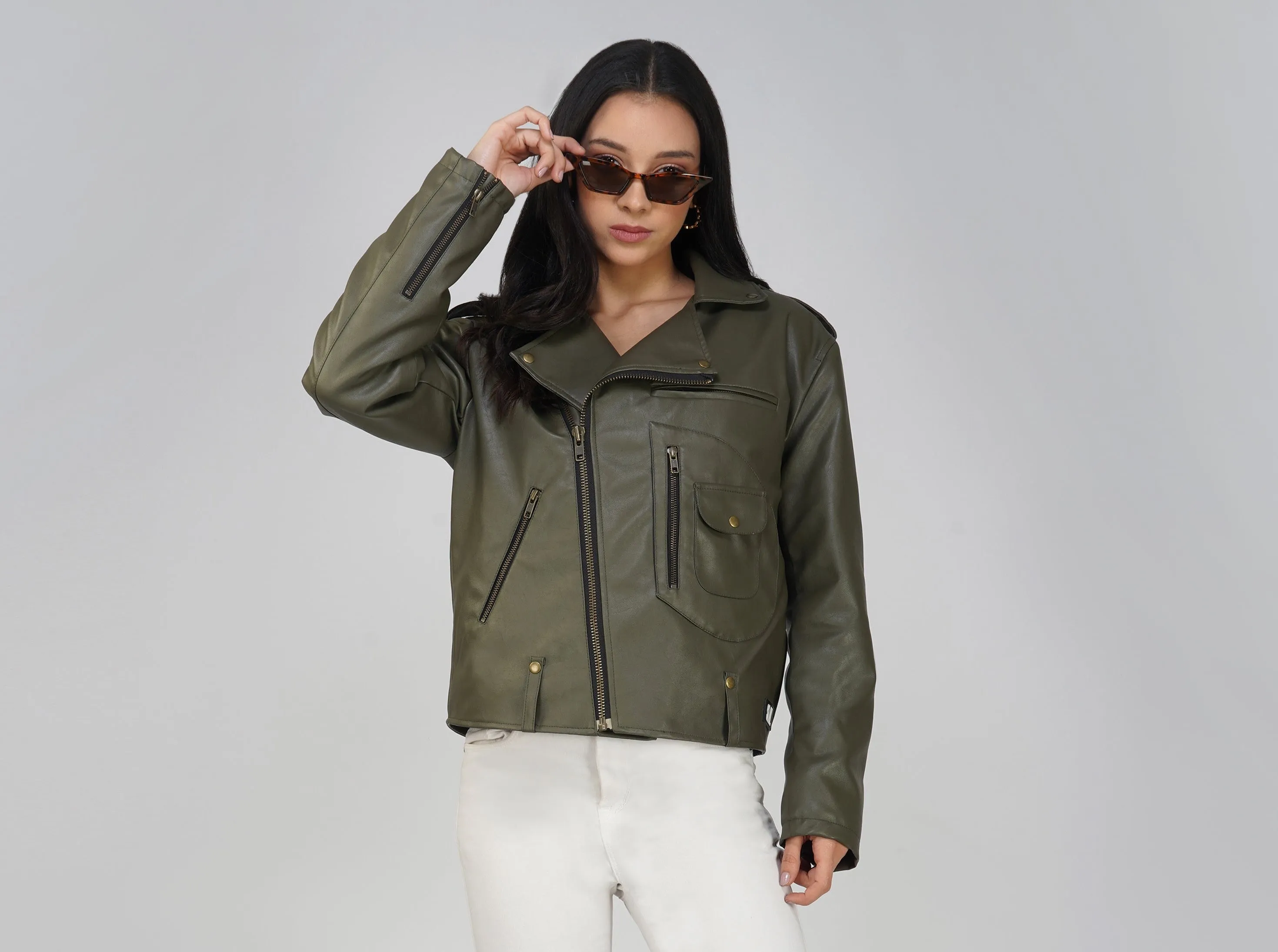 SLAY. Women's Olive Faux Leather Jacket