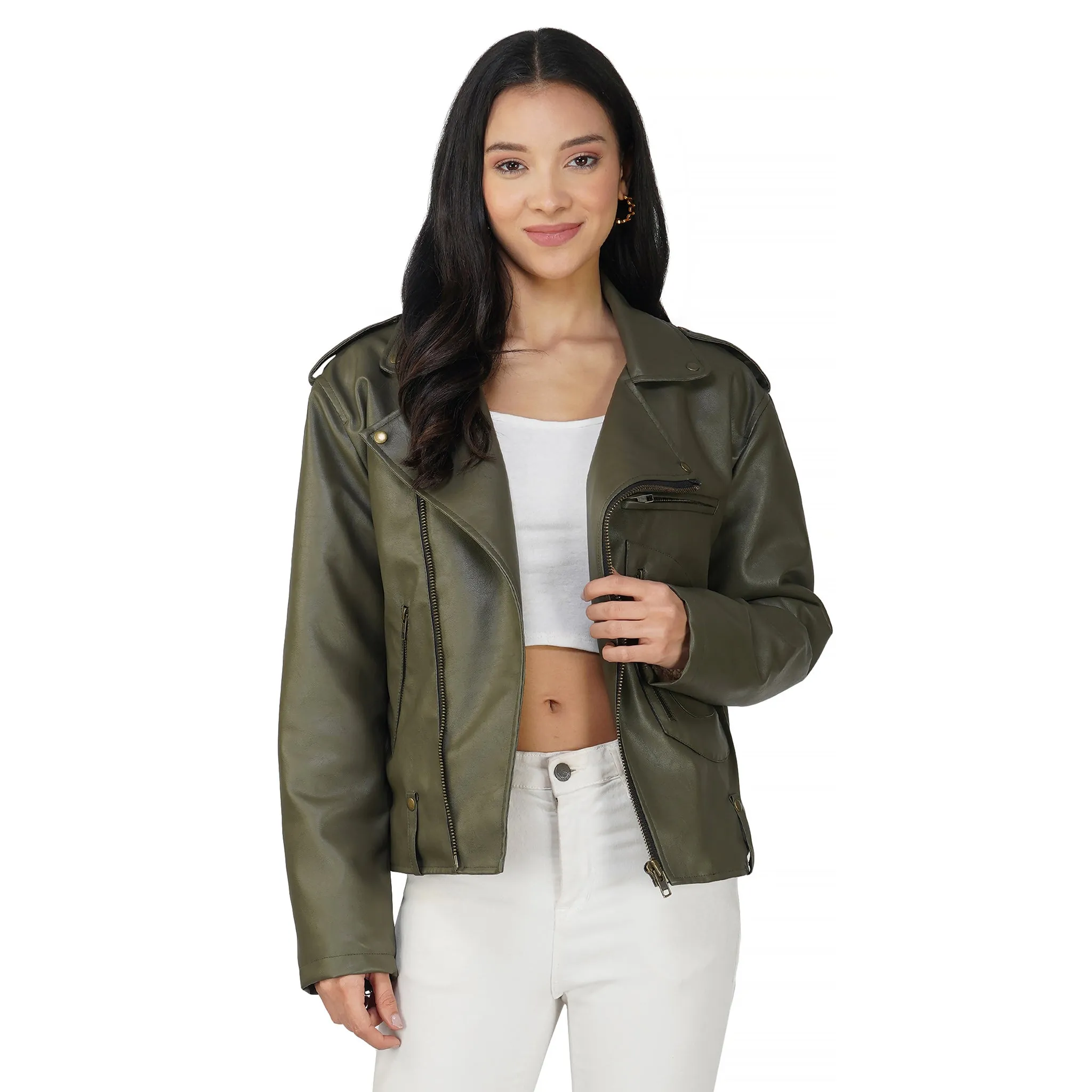 SLAY. Women's Olive Faux Leather Jacket