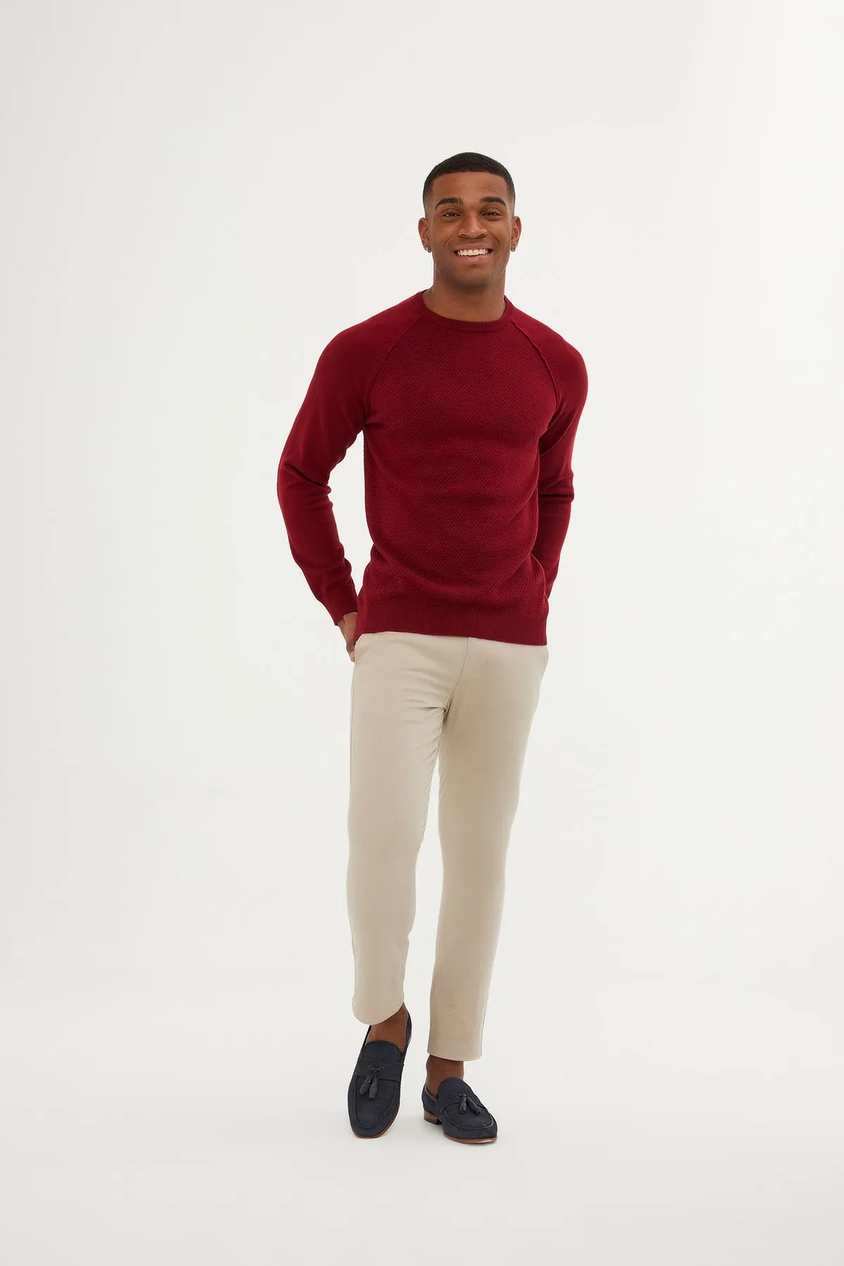 Slim Fit Red Cotton Blend Crewneck Sweater