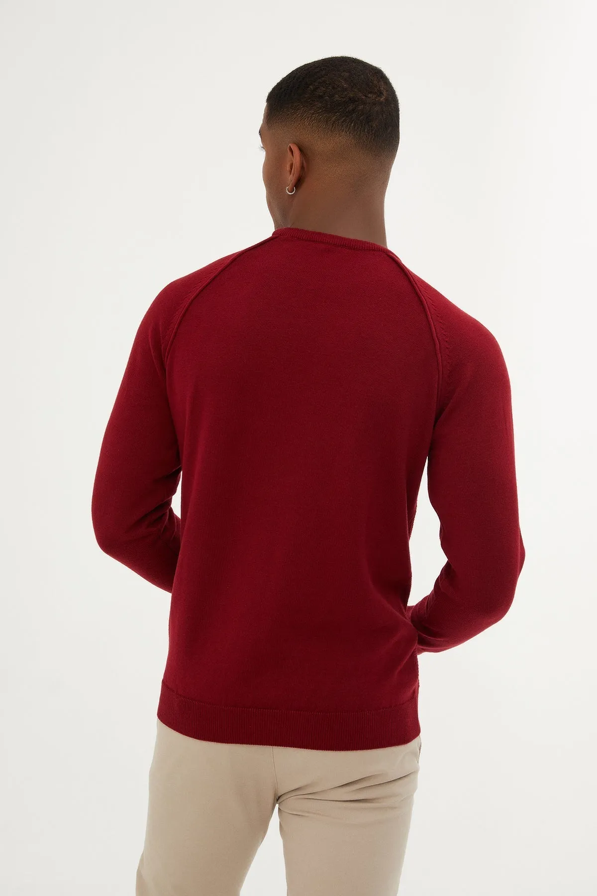 Slim Fit Red Cotton Blend Crewneck Sweater