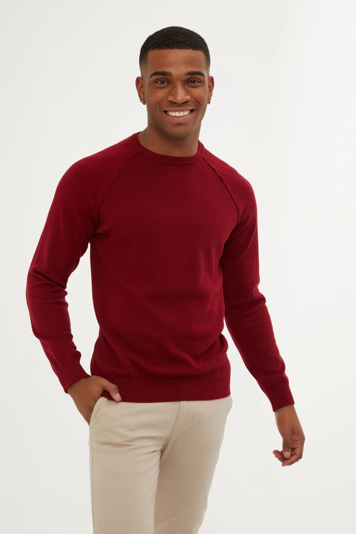 Slim Fit Red Cotton Blend Crewneck Sweater