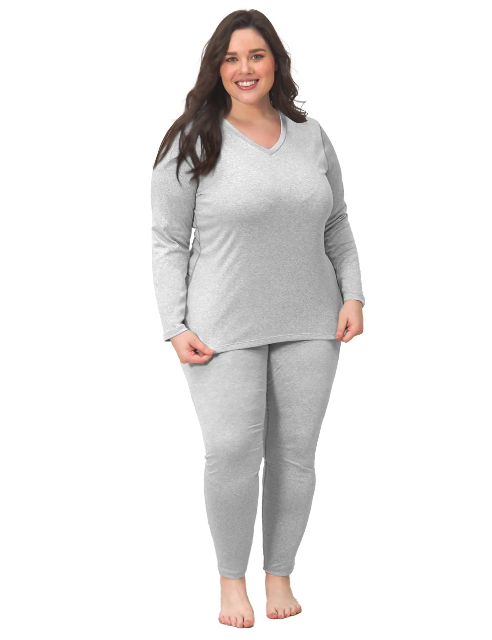 Solid V-neck Fleece Thermal Underwear Basic Suit