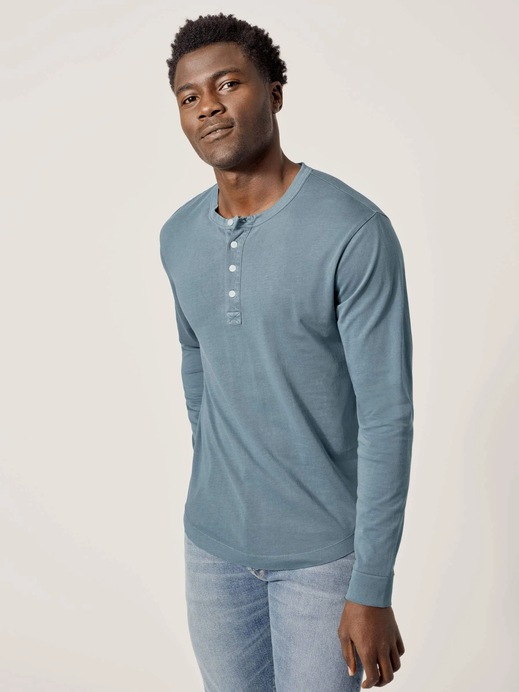 Steel Blue Venice Wash Pima Curved Hem Henley