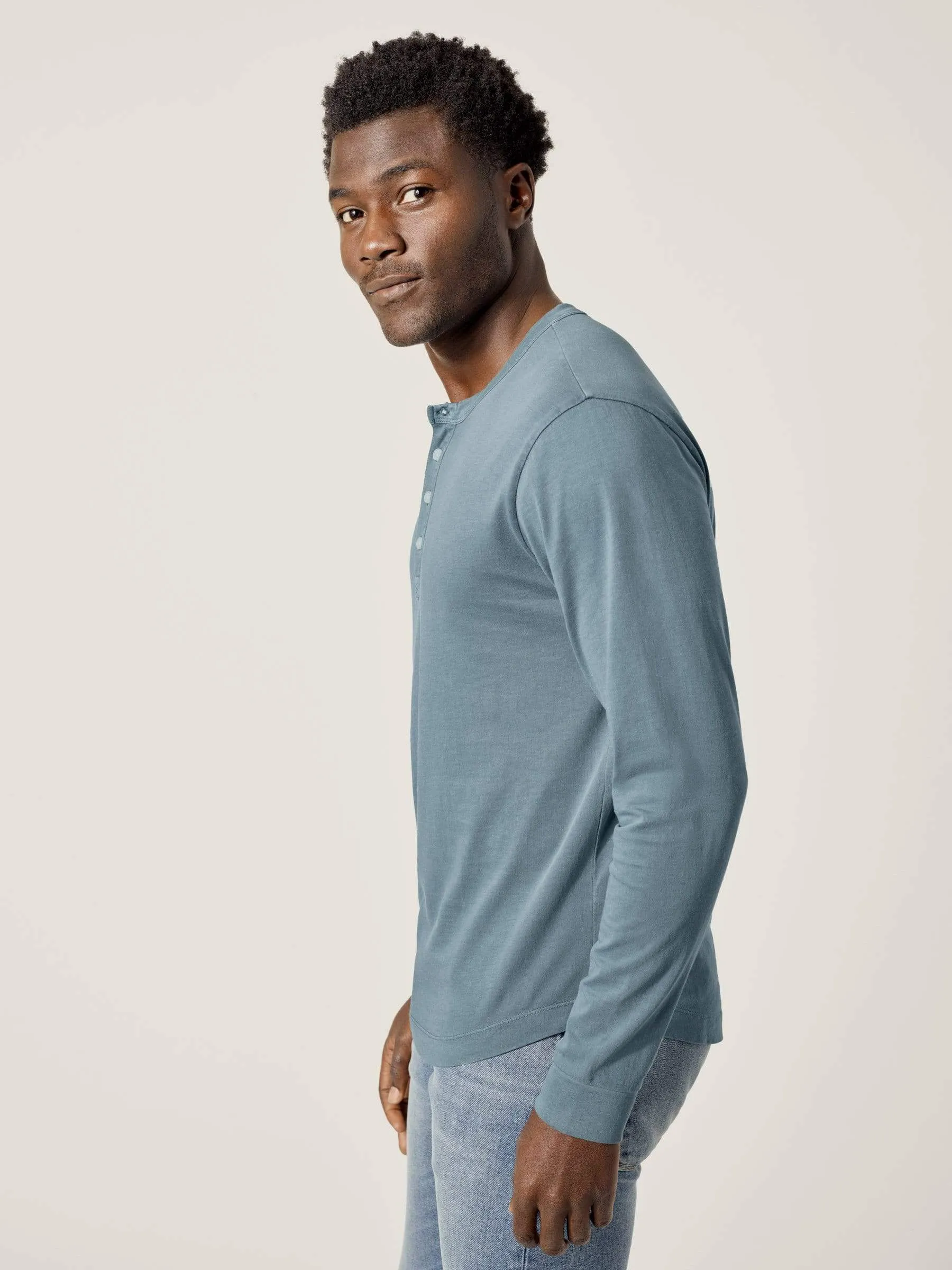 Steel Blue Venice Wash Pima Curved Hem Henley