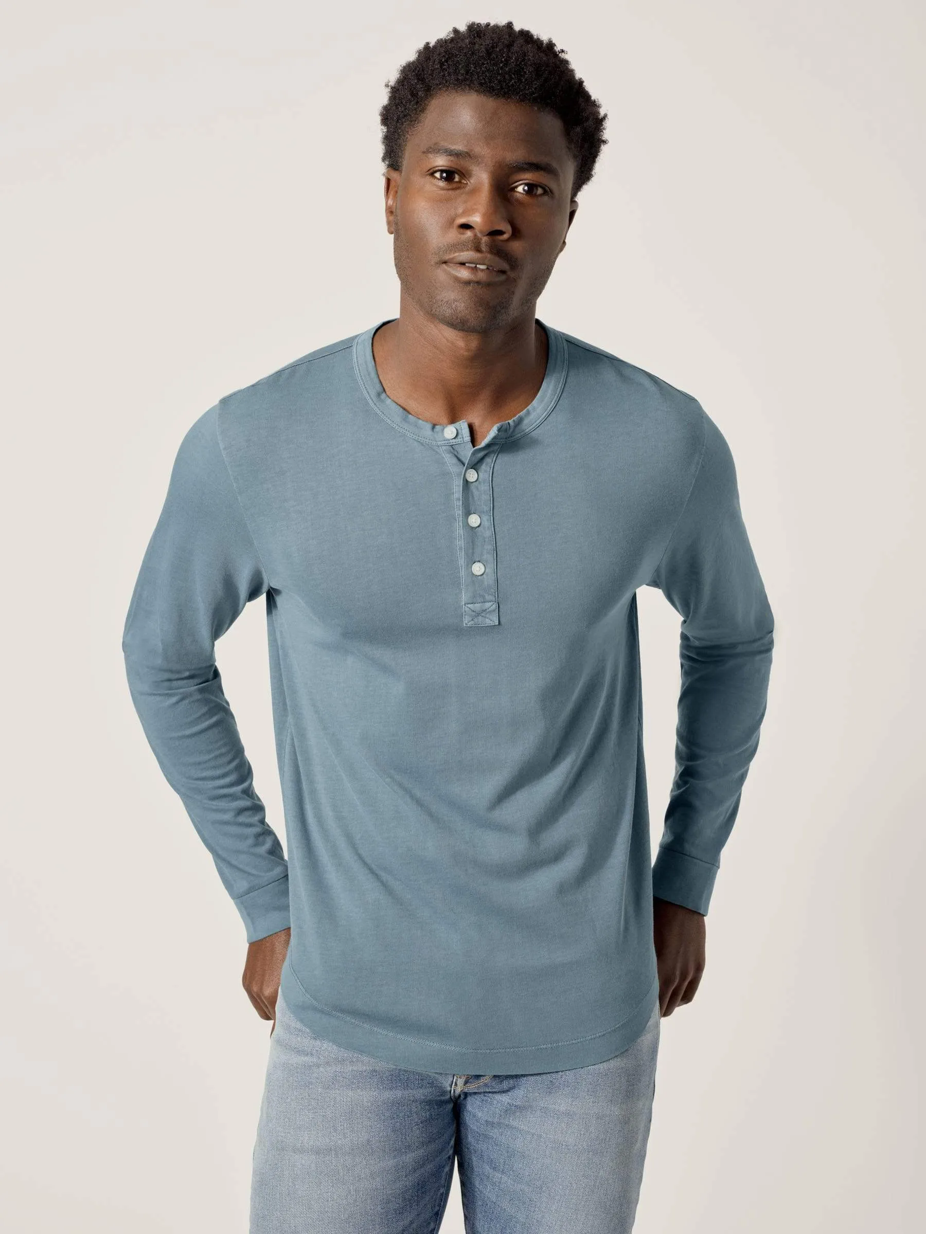 Steel Blue Venice Wash Pima Curved Hem Henley