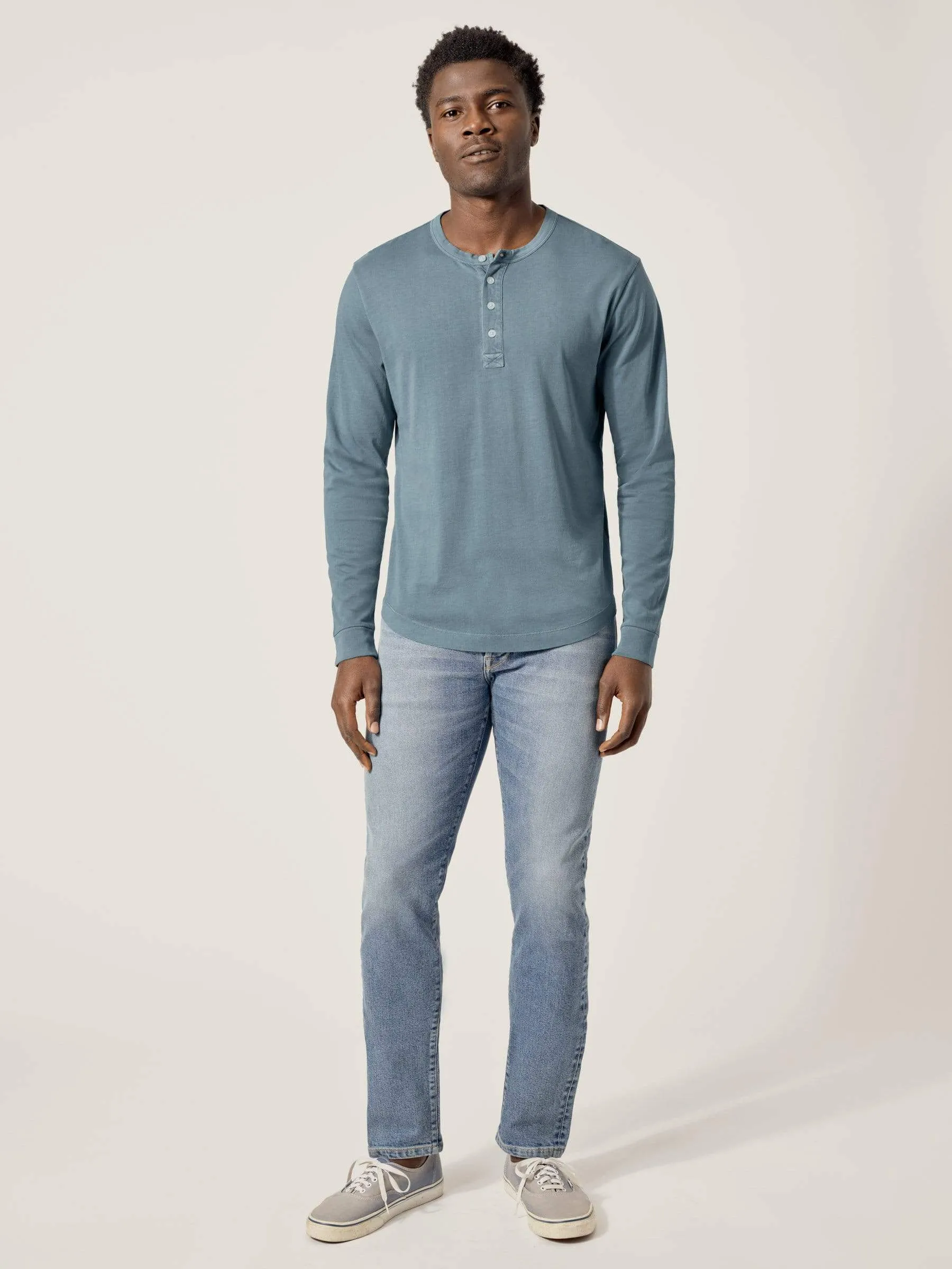 Steel Blue Venice Wash Pima Curved Hem Henley