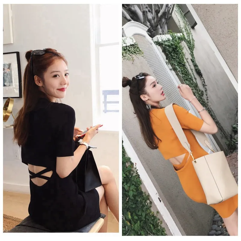 Summer Back See Through  Korean Knitted Dress Women Round-Neck Slim Look Feminine Hip Flattering Dress