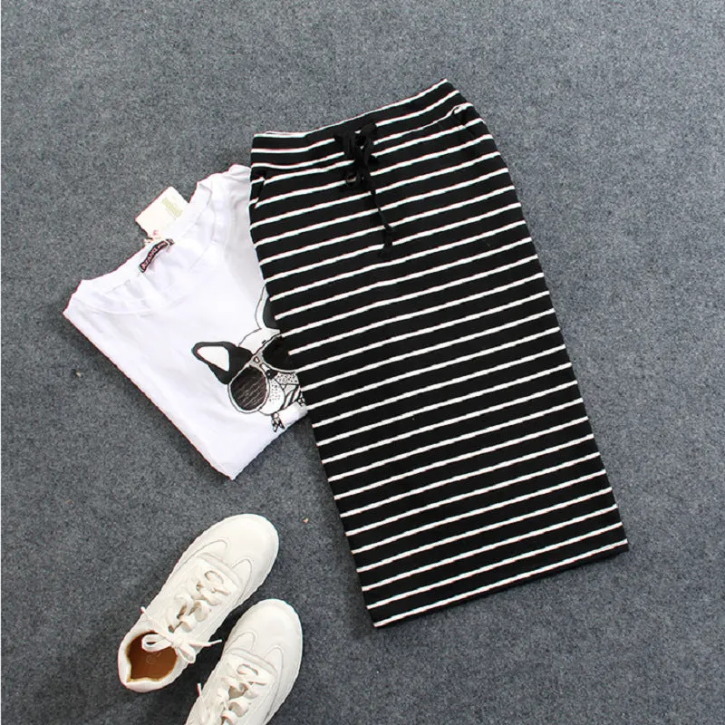 Summer Cotton Black White Striped Casual Pocket Mid-Length Hip Flattering Skirt Women Skirt