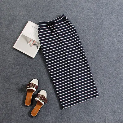 Summer Cotton Black White Striped Casual Pocket Mid-Length Hip Flattering Skirt Women Skirt