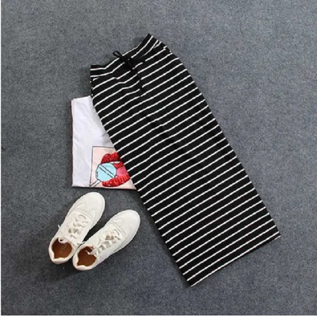 Summer Cotton Black White Striped Casual Pocket Mid-Length Hip Flattering Skirt Women Skirt