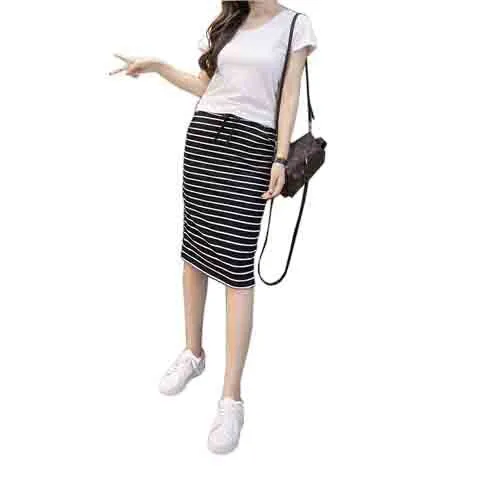 Summer Cotton Black White Striped Casual Pocket Mid-Length Hip Flattering Skirt Women Skirt