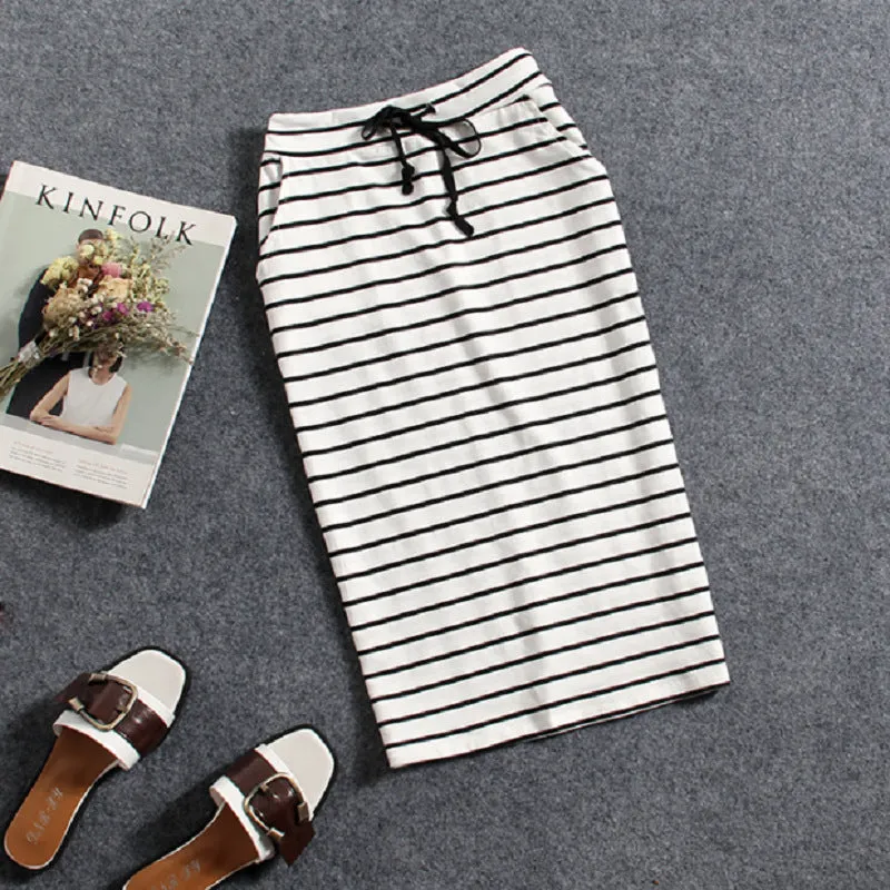 Summer Cotton Black White Striped Casual Pocket Mid-Length Hip Flattering Skirt Women Skirt