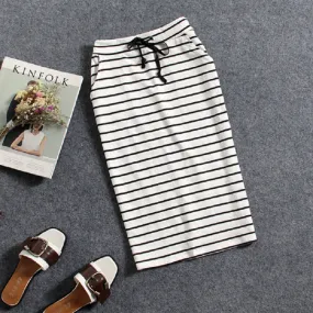 Summer Cotton Black White Striped Casual Pocket Mid-Length Hip Flattering Skirt Women Skirt