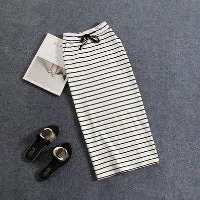 Summer Cotton Black White Striped Casual Pocket Mid-Length Hip Flattering Skirt Women Skirt