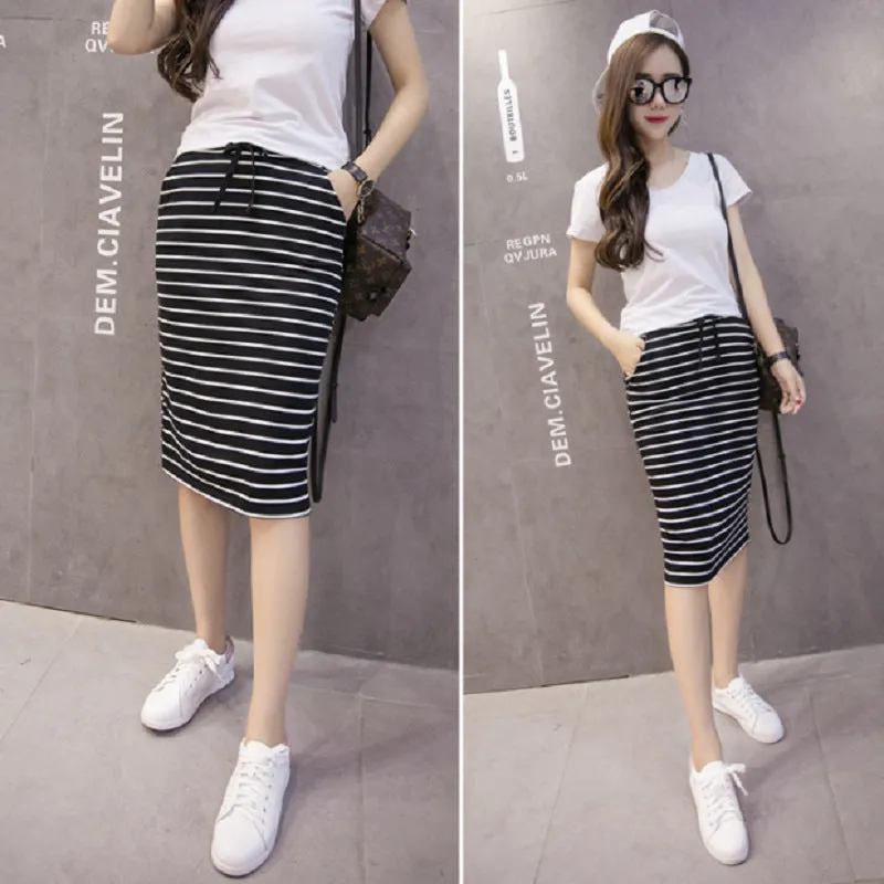 Summer Cotton Black White Striped Casual Pocket Mid-Length Hip Flattering Skirt Women Skirt