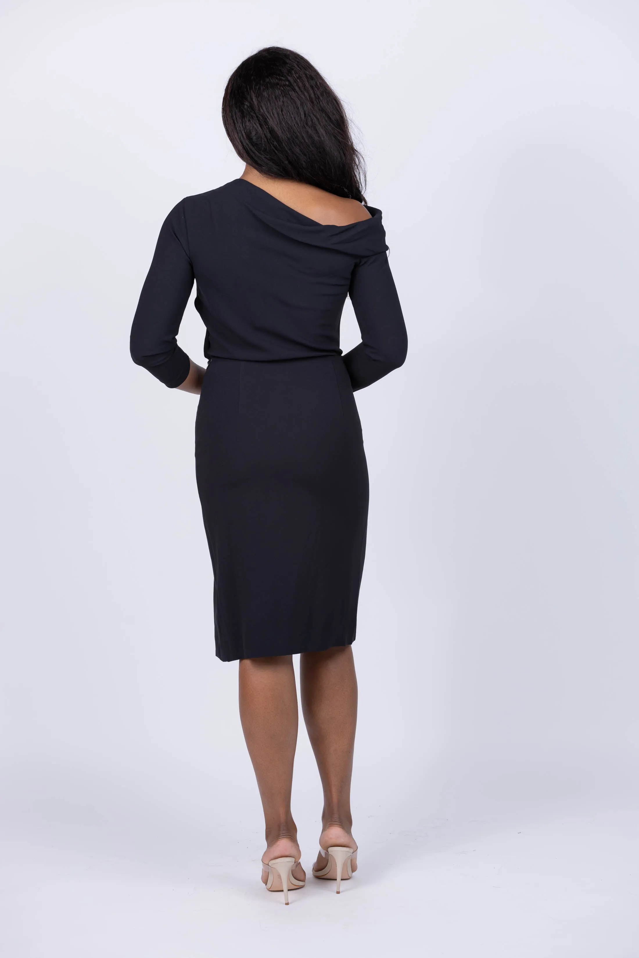 Theory Asymmetric Off-the-Shoulder Midi Dress in Black