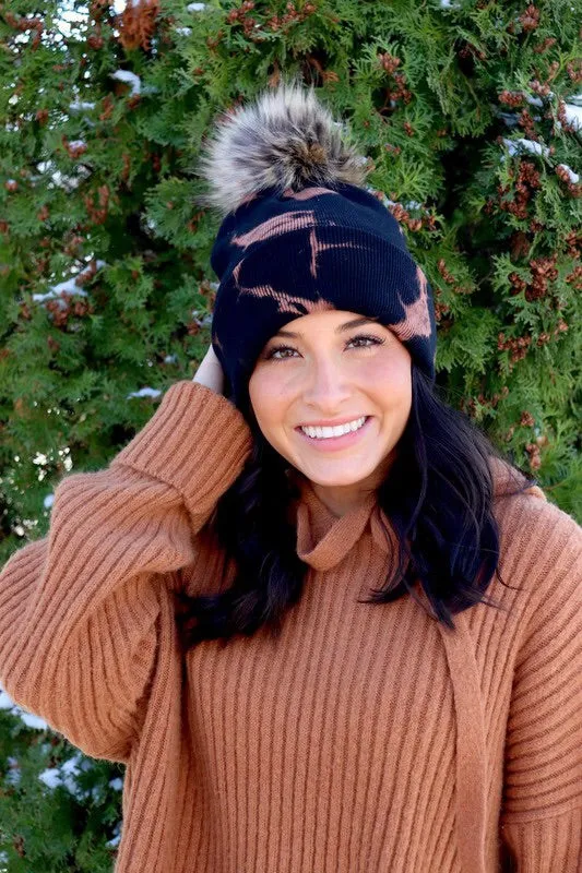 Tie Dye Knit Hat with Faux Fur Pom