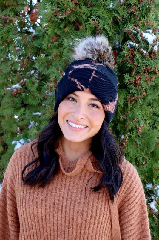 Tie Dye Knit Hat with Faux Fur Pom