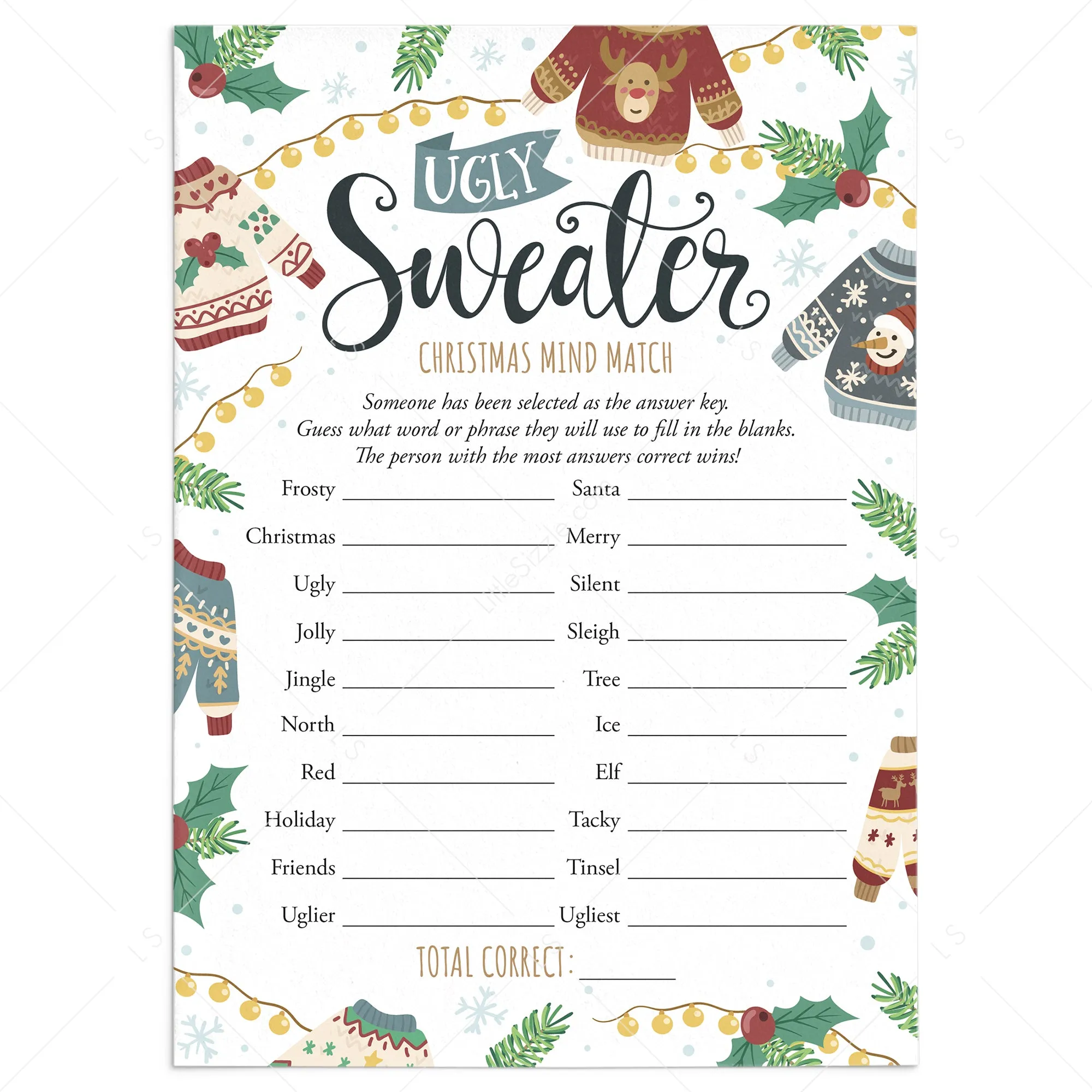 Ugly Sweater Party Game for Groups Mind Match Printable