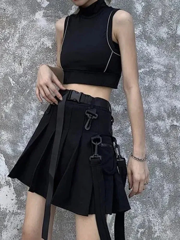 Uniwim JK Skirt Japanese Style Black Cargo Pleated Skirt Harajuku Alt Tooling Short Skater Women Techwear Gothic Pockets Uniform Skirts