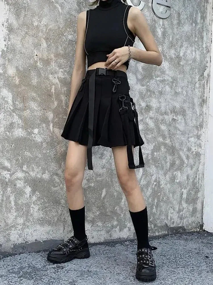 Uniwim JK Skirt Japanese Style Black Cargo Pleated Skirt Harajuku Alt Tooling Short Skater Women Techwear Gothic Pockets Uniform Skirts