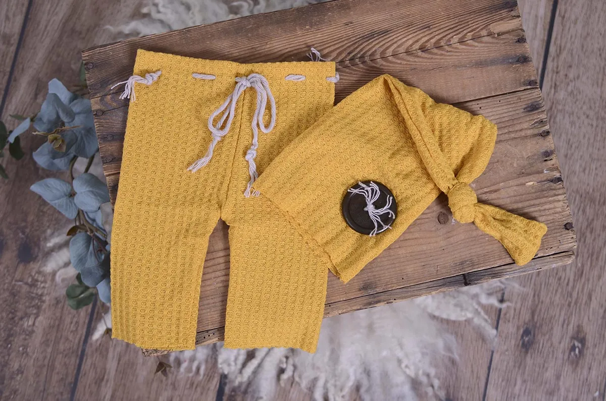 Waffle Weave Knit Pants & Hat - Mustard