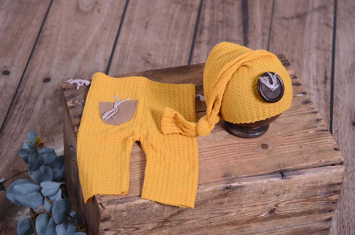 Waffle Weave Knit Pants & Hat - Mustard