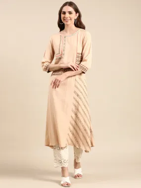 Women's Beige Printed A-Line Kurta