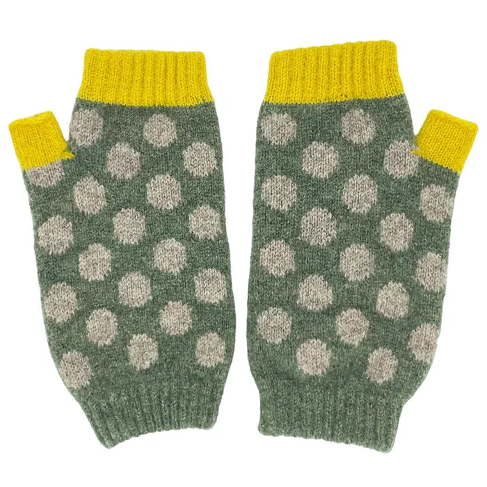 Women's Fingerless Lambswool Gloves - Soft Green Spots