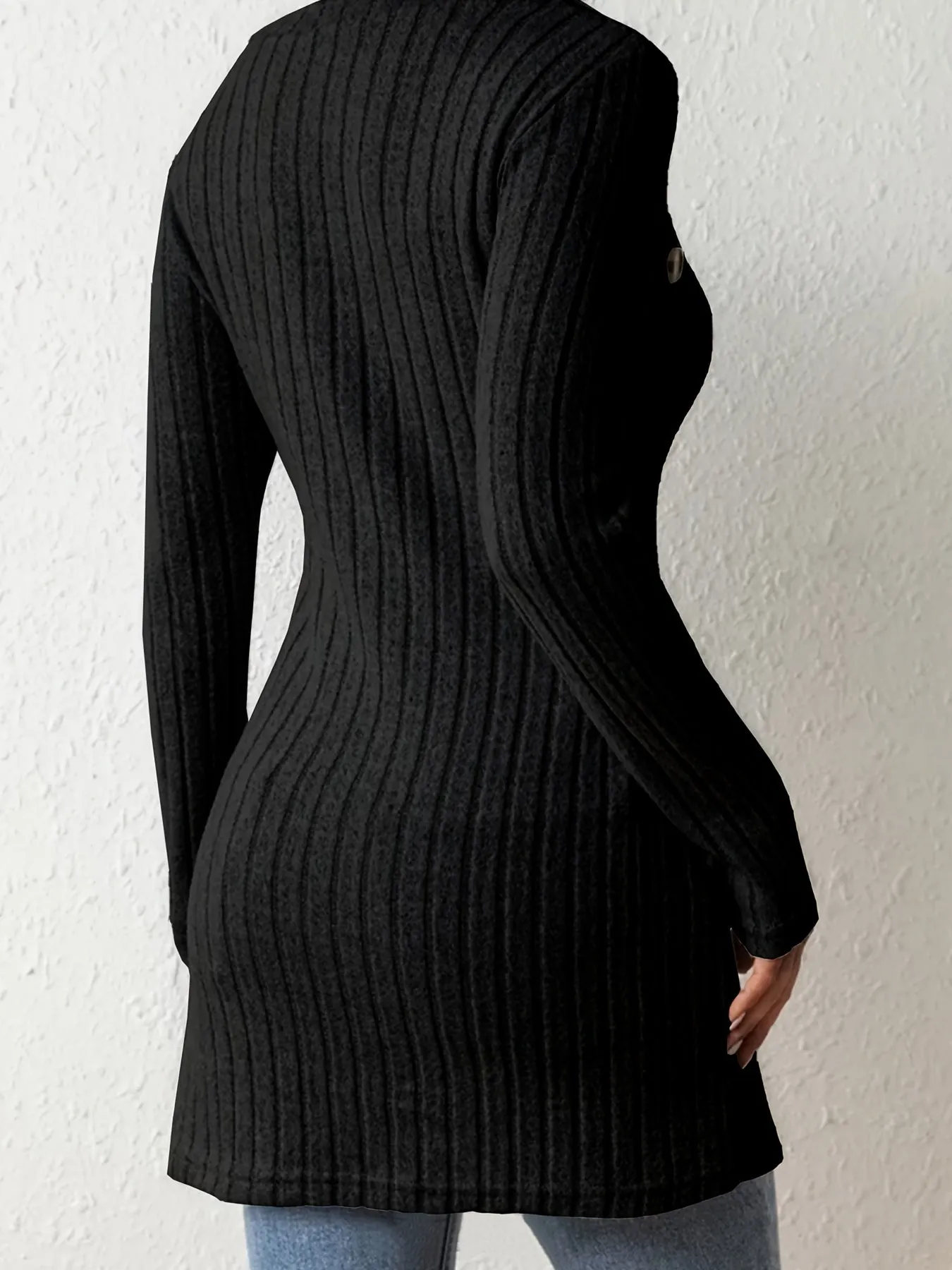 Women's Plus Solid Ribbed Long Sleeve Square Neck Sweater with Button Decor and Wrap Hem - Embrace Casual Chic with Style